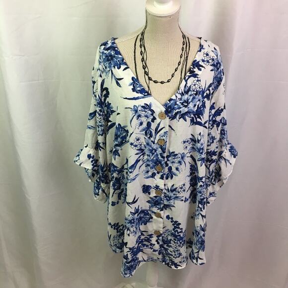 Alyx Button Down Bell Sleeve Top Sunshine Breeze Floral 1X - Picture 3 of 13